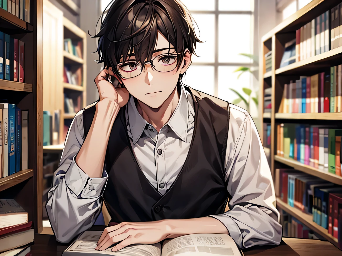 Male,Upper Body,masterpiece,highest quality,Face close-up, (Anime Male),melancholy, book store clerk, apron,Male,2５age,male,alone,Glasses,Kedaruge、Downer,shirt,Her hair is half tied up, Brown,book store,Background Bookshelf