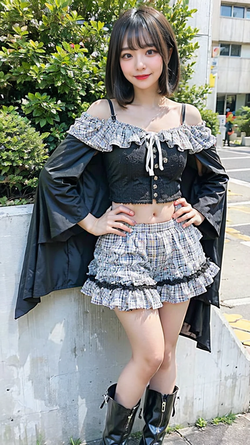 (8k、RAW Photos、highest quality、masterpiece:1.2)、(Realistic、Realistic)、1 girl、((mini skirt、Belly button、Cape、smile、Off the shoulder、Frills、ribbon、See-through、stage、編み上げboots、garden、garter belt、View from the front、boots、Standing with hands on hips))、