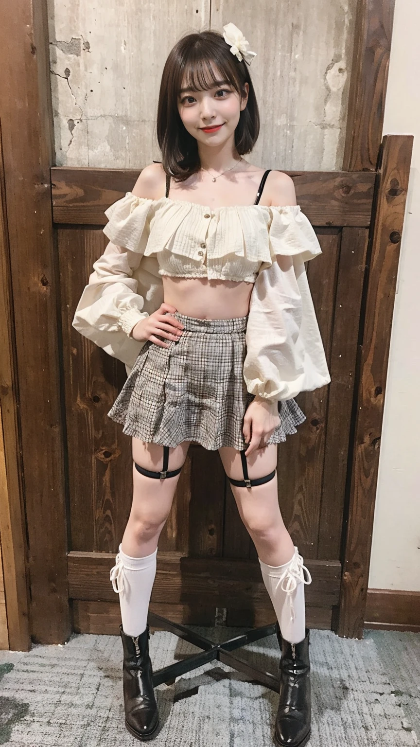 (8k、RAW Photos、highest quality、masterpiece:1.2)、(Realistic、Realistic)、1 girl、((mini skirt、Belly button、Cape、smile、Off the shoulder、Frills、ribbon、See-through、stage、編み上げboots、garden、garter belt、View from the front、boots、Standing with hands on hips))、