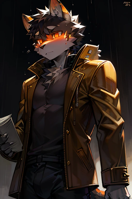 Man Furry black stripes wolf , orange eye,jacket ,hold once paper of script in hand, little sad face, endless shadow background ,standing in the rain,Three spotlights beem shone on him.