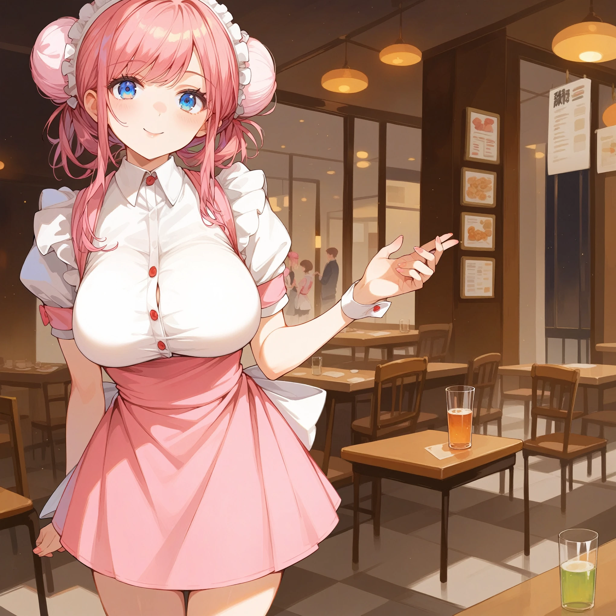 masterpiece, best quality, high resolution, extremely detailed CG, absurdres, 1girl, a girl in waitress costume at the ((front of restaurant)), ((bare hand)), whire_shirt ,Puff_sleeves, (1girl, pink_miniskirt, pink_hair, double bun), Anna Miller, Anmira, kawaii, large breasts, score_9, score_8_up, score_7_up, source_anime,kawaii,((more details)), holography