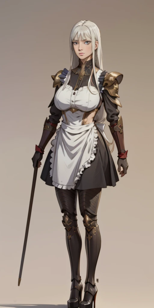 (Masterpiece, plain background:1.2) 1sologirl standing metal high heels, straight, long_hair, messy_hair, white_hair, maid with armor