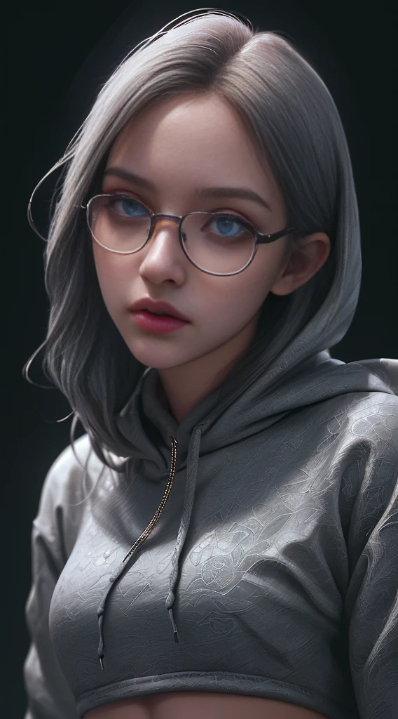1girl,upper body,crop hoodie, glasses, beautiful detailed eyes, beautiful detailed lips, extremely detailed face, longeyelashes, intricate facial features, portrait, digital art, cinematic lighting, dramatic lighting, high contrast, vibrant colors, hyperrealistic, photorealistic, 8k, best quality, masterpiece, hyper detailed