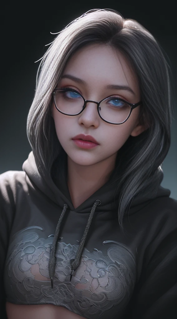 1girl,upper body,crop hoodie, glasses, beautiful detailed eyes, beautiful detailed lips, extremely detailed face, longeyelashes, intricate facial features, portrait, digital art, cinematic lighting, dramatic lighting, high contrast, vibrant colors, hyperrealistic, photorealistic, 8k, best quality, masterpiece, hyper detailed
