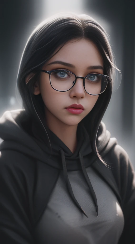 1girl,upper body,crop hoodie, glasses, beautiful detailed eyes, beautiful detailed lips, extremely detailed face, longeyelashes, intricate facial features, portrait, digital art, cinematic lighting, dramatic lighting, high contrast, vibrant colors, hyperrealistic, photorealistic, 8k, best quality, masterpiece, hyper detailed