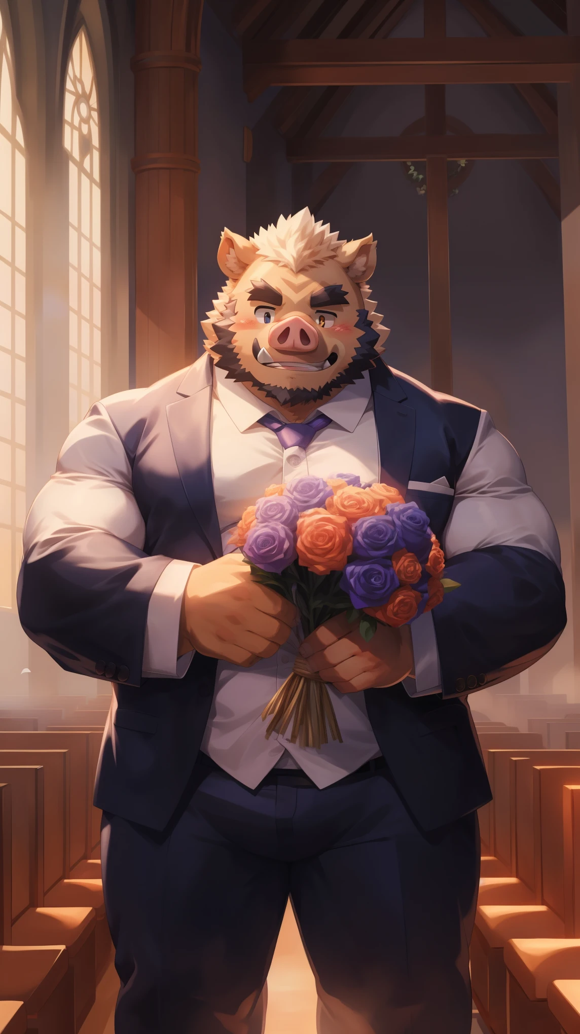 Solitary, anthropology, hairy, male, Wild Boar, ((fluffy fur, hairy body)), (Wild Boar印), (Thick eyebrows), youth, muscular, White skin, White big muscle, Golden pupils, de-tailed teeth, defaced face, Pig nose, Fundos, bridegroom, 黑色bridegroom装, Purple bow tie, Holding a bouquet of purple roses, Standing in front of the church, Small bump, Shy expression, A faint smile, blush, Clear facial features, (Top view:1.4), Strong, majestic, solitary, Full body image, Fog atmosphere, early morning, Tyndall rays, Church doorway, White Dove (through empty ghost, From boar20, masterpiece, high quality, high resolution,8k), permanent, Full body portrait, (Vision)