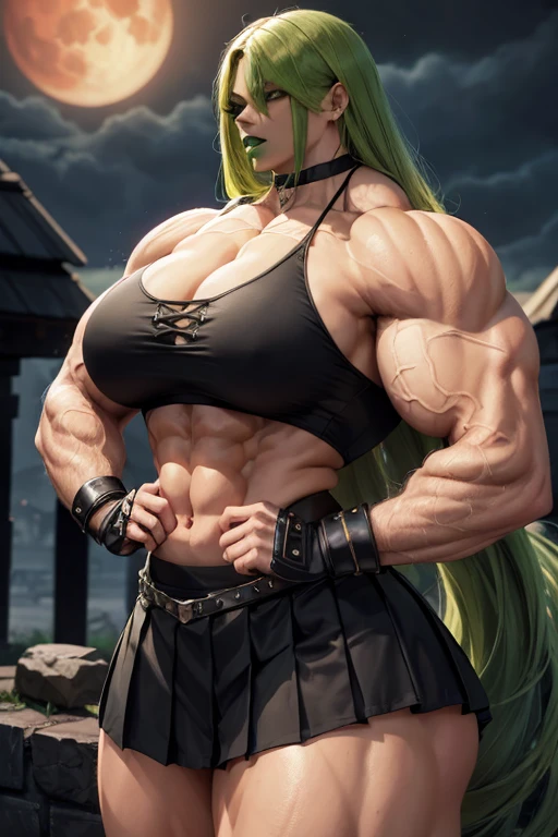 ((((Massive, beautiful, buff, light brown skinned muscular woman with green hair, black lipstick, ginormous bulky muscles, wearing a black gothic uniform with pleated gothic skirt)))), {close view}, massive muscle, massive biceps, hyper muscle shoulders, ginormous muscle arms, hyper muscle triceps, (long curvy hair), orange eyes, spiked choker, chain belt, black spiked boots, spiked gauntlets, fingerless gloves, (standing in a dark gothic schoolyard), evil smirk, night, red moon, red skies, hyper vascular arm, hyper muscles arms, hyper muscle legs, ginormous arms, close view