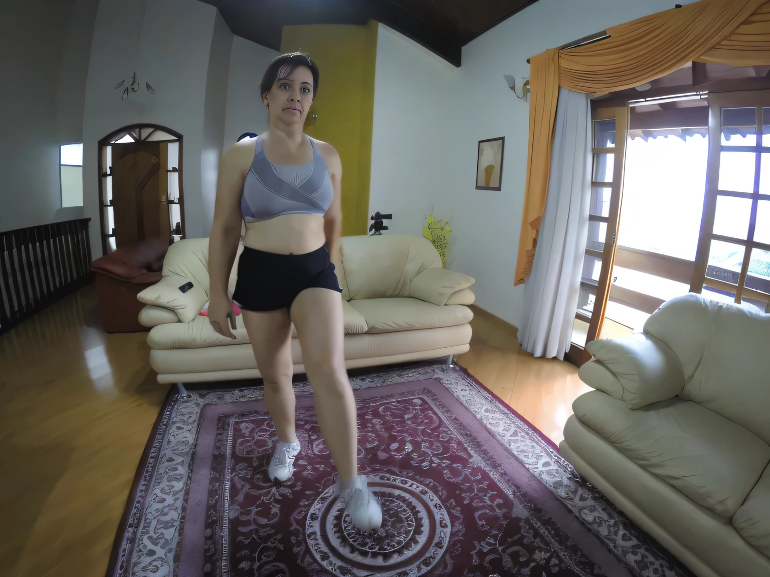 there is a woman standing on a rug in a living room, cottagecore!! fitness body, sweaty 4 k, shot on gopro9, lunging at camera :4, taken on go pro hero8, working out, fit body, fit curvy physique, fit girl, sport bra and shorts, fit, fit pic, wide angle full body, workout