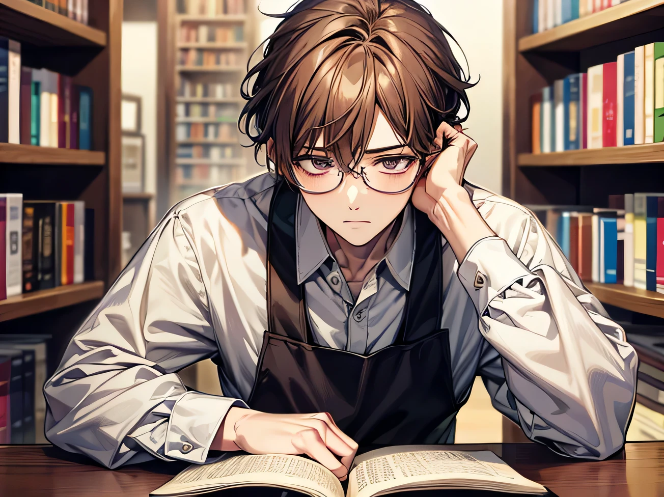 Male,Upper Body,masterpiece,highest quality,Face close-up, (Anime Male),melancholy, book store clerk, apron,Male,2５age,male,alone,Glasses,Kedaruge、Downer,shirt,Her hair is half tied up, Brown,book store,Background Bookshelf