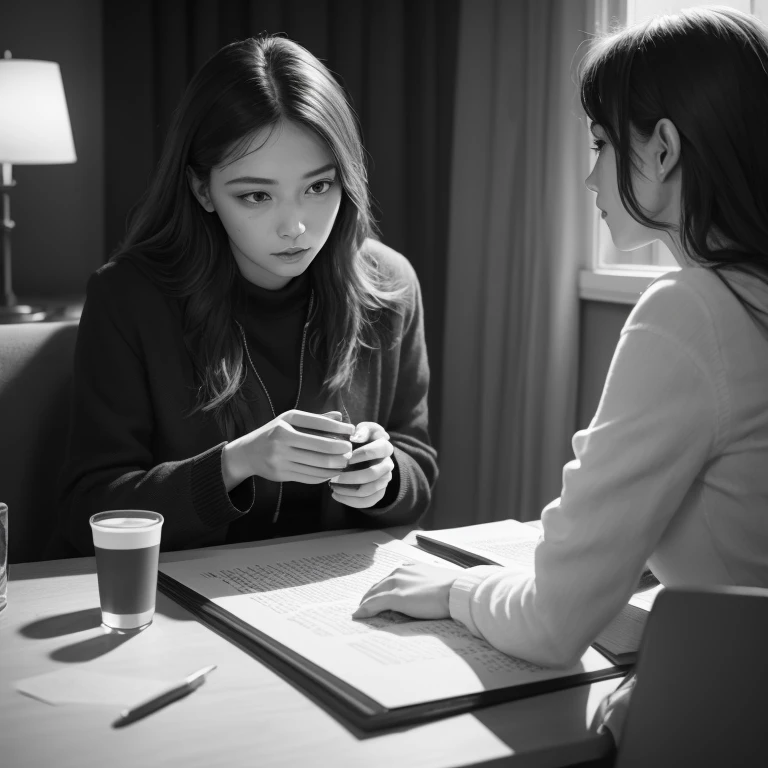 midnight , coffee , Cigarettes... I don't know , with whom you are, Where are you...jealousy hurts and knocks you down like an electric shock...
Pretty young woman,moonlight,monochrome,super detailing,photorealistic,photorealism,professional photo