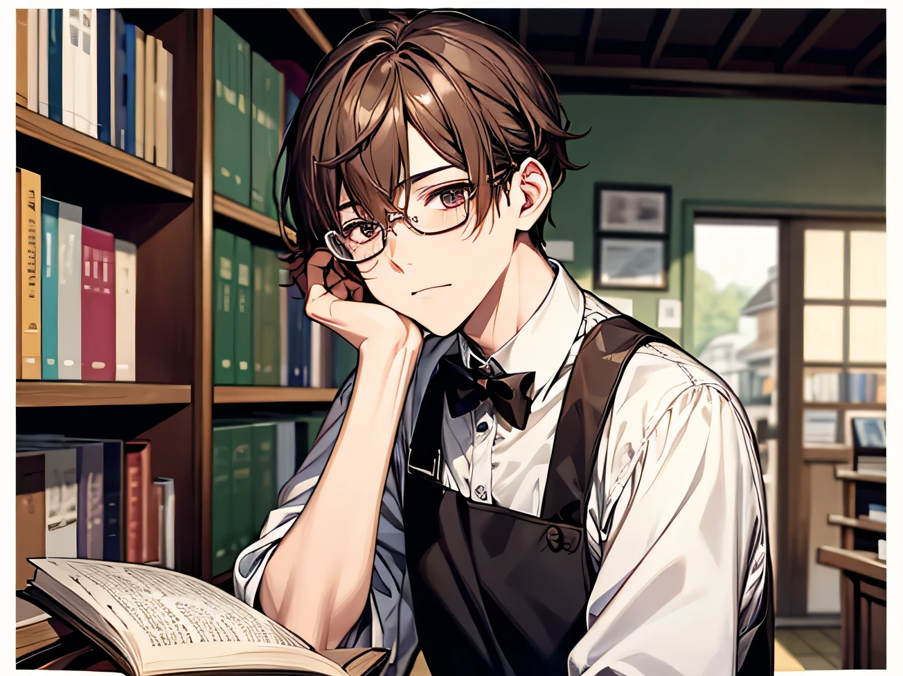 Male,Upper Body,masterpiece,highest quality,Face close-up, (Anime Male),melancholy, book store clerk, apron,Male,2５age,male,alone,Glasses,Kedaruge、Downer,shirt,Her hair is half tied up, Brown,book store,Background Bookshelf