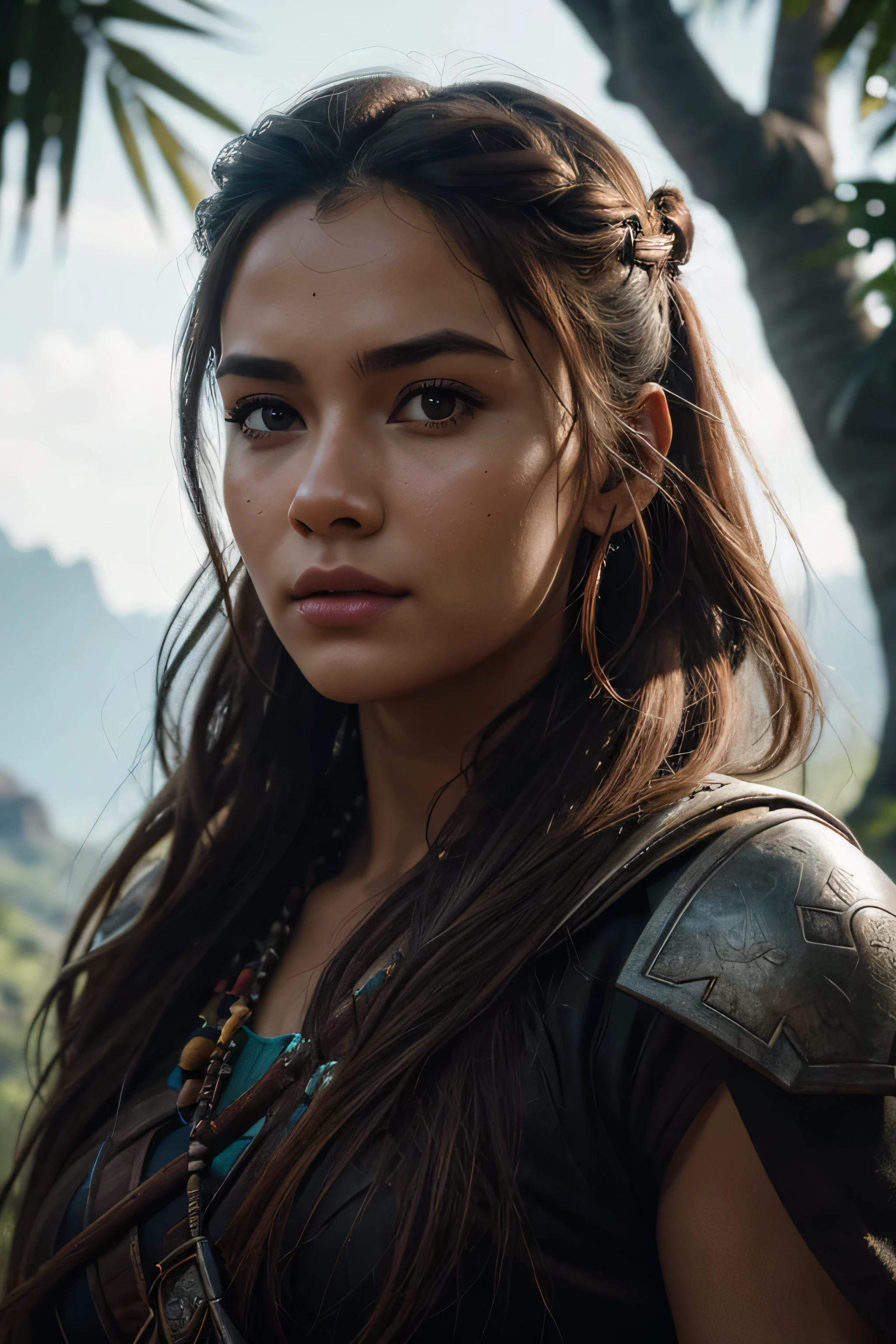 ultra realistic photography, perfectly centered medium upper shot of Aloy from horizon zero dawn, creatures from horizon zero dawn jungle cliffs in the background, looking at viewer, fashion pose, extremely detailed eyes, detailed symmetric realistic face, extremely detailed natural texture, detailed peach fuzz, messy hair, masterpiece, absurdres, award winning photo by lee jeffries, nikon d850 film stock photograph, kodak portra 400 camera f1.6 lens, depth of field, extremely detailed, amazing, fine detail, rich colors, hyper realistic lifelike texture, dramatic lighting, unrealengine, trending on artstation, cinestill 800 tungsten, photo realistic, RAW photo, TanvirTamim, high quality, highres, sharp focus, extremely detailed, cinematic lighting, 8k uhd, high definition, cinematic, neoprene, behance contest winner, featured on unsplash, cgsociety, unreal engine 5, ultra sharp focus