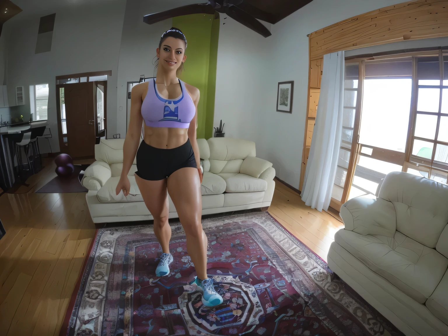 there is a woman standing on a rug in a living room, cottagecore!! fitness body, sweaty 4 k, shot on gopro9, lunging at camera :4, taken on go pro hero8, working out, fit body, fit curvy physique, fit girl, sport bra and shorts, fit, fit pic, wide angle full body, workout