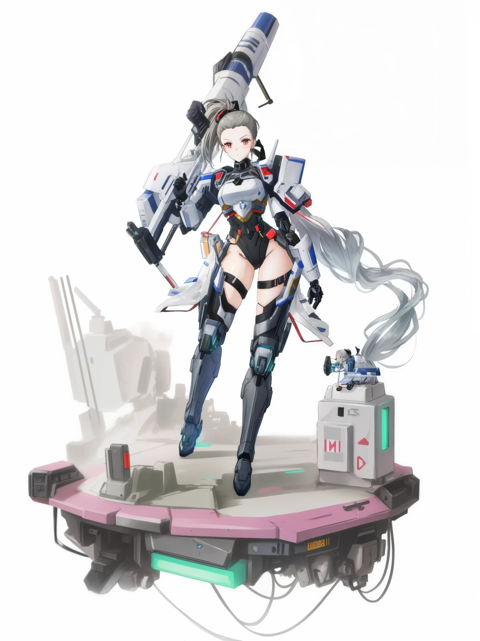 (ponytail forehead hair pulled back:1.3), a close up of a statue of a woman with a gun, female mecha, mechanized soldier girl, cyberpunk anime girl mech, mechanized valkyrie girl, girl in mecha cyber armor, by Russell Dongjun Lu, fine details. girls frontline, fully robotic!! girl, ( highly detailed figure ), guweiz, from girls frontline, anime robotic mixed with organic