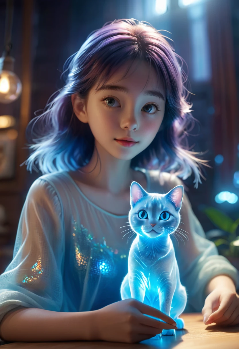 Girl with Cat, Hyperreal dof volumetric lighting, translucent cute girl playing with a (Translucent rough Blue Hologram  of a cat 1.3), podiform, dream-scape, in the style of Disney, pixar, Albert Joseph Penot, jj fu, + 36.5 mm f0 cinematic quality, 8K, trending on artstation, sharp focus, studio photo, intricate details, highly detailed, by greg rutkowski