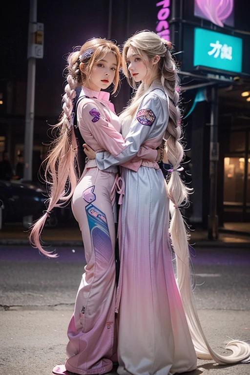 highest quality, Very detailed, masterpiece,hug,Two women hugging each other,(((Perfect female body))),Very beautiful face, Very beautiful body,Gentle expression, Very beautiful eyes,(Perfect Makeup:1.1),Fashion Model,Cyberpunk Fashion,Cinematic Light,Curly Hair,Shaggy Hair, (Drifting in the Wind,White and purple gradient long braids:1.5),very thin body,Smart Abs,(Monogram pattern:1.3), (((Various patterns,Pink and blue gradient,Racing Suits:1.3))),anklet,Tech High Top Sneakers,A kind smile,Full body portrait,(Night in Cyber City), (Shiny skin),(Earrings),Long scarf with elegant pattern,Neon long shawl,Digital Feather,LED Signs,