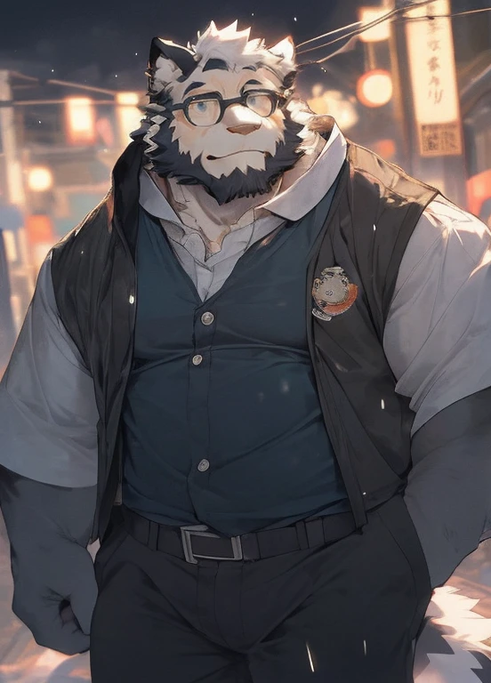 hairy，（Border Collie，Black-rimmed glasses，Orange Firefighter Costume），beard，White fur，male，Common，full-body shot， Dynamic poses，giggle，Rainy Day，night，dark night，Detailed background，极其lifelike阴影，masterpiece，Very detailed，lifelike