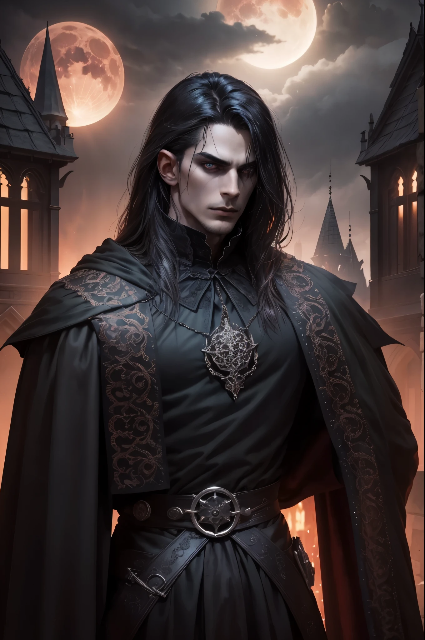 Dark man, evil lord, master, black disheveled hair, black exquisite cloak, piercing green eyes, menacing expression on his face, powerful aura, standing in a dimly lit room,, casting eerie shadows, , decorated with intricate details, with a sinister grin, Creates an aura of darkness, With a frightening presence, in a gothic castle, with impressive architecture, shrouded in mist, under the blood red moon, amidst the gathering storm, Creating an ominous atmosphere, Reminds me of the cover of a dark fantasy novel..., With spectacular lighting, emphasizing the contrast between light and shadow, evoking a sense of mystery and danger, with a touch of supernatural elements and captivating artistry.