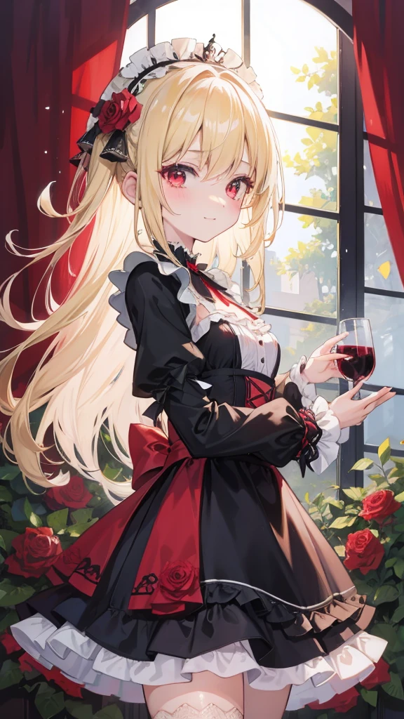 ((masterpiece)), (anime:1.5), ((highest quality)), (RAW Photos: 1.2), (Professional photography:1.2), whole body, 8k, From the side, Wide Shot, (16 years old), ((One Girl)), Textured skin, Cinema Lighting, One Girl, ((Beautiful Gothic Lolita Pure Red Dress)), (Very Hoop Dress), Luxury Rose Embroidery, Cute bewitching girl, ((Hair in one eye)), slim and small breasts, (length, Silky blonde), (Gothic Lolita Makeup), Beautiful Hair, smile, (blush), Particles of light, ((Pull up your skirt with your hands)), In a beautiful and wonderful garden, (Red Rose Garden)、Red eyes、vampire、wine