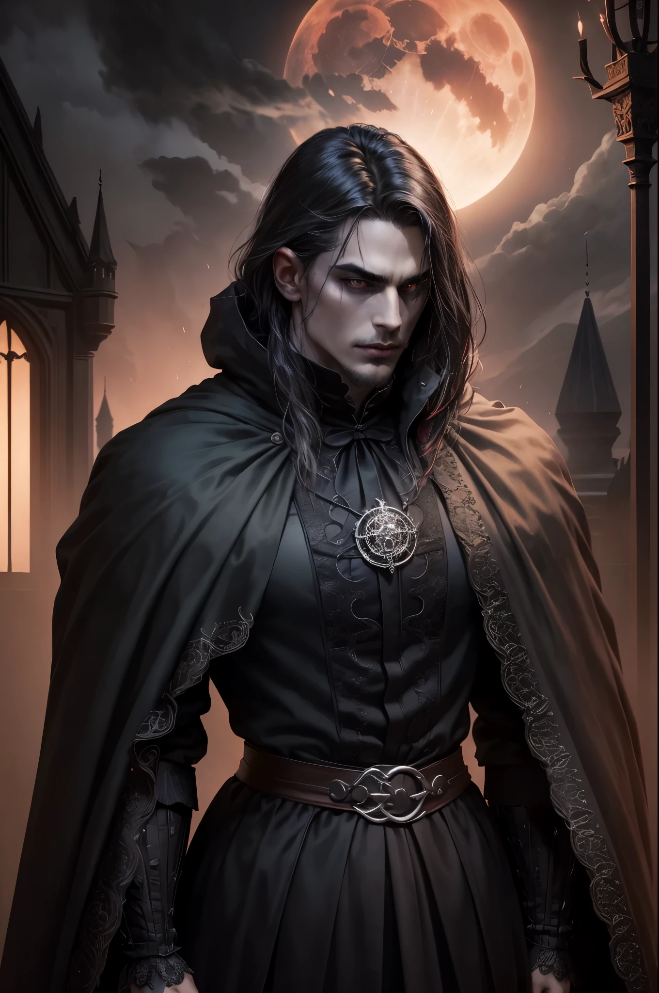 Dark man, evil lord, master, black disheveled hair, black exquisite cloak, piercing green eyes, menacing expression on his face, powerful aura, standing in a dimly lit room,, casting eerie shadows, , decorated with intricate details, with a sinister grin, Creates an aura of darkness, With a frightening presence, in a gothic castle, with impressive architecture, shrouded in mist, under the blood red moon, amidst the gathering storm, Creating an ominous atmosphere, Reminds me of the cover of a dark fantasy novel..., With spectacular lighting, emphasizing the contrast between light and shadow, evoking a sense of mystery and danger, with a touch of supernatural elements and captivating artistry.