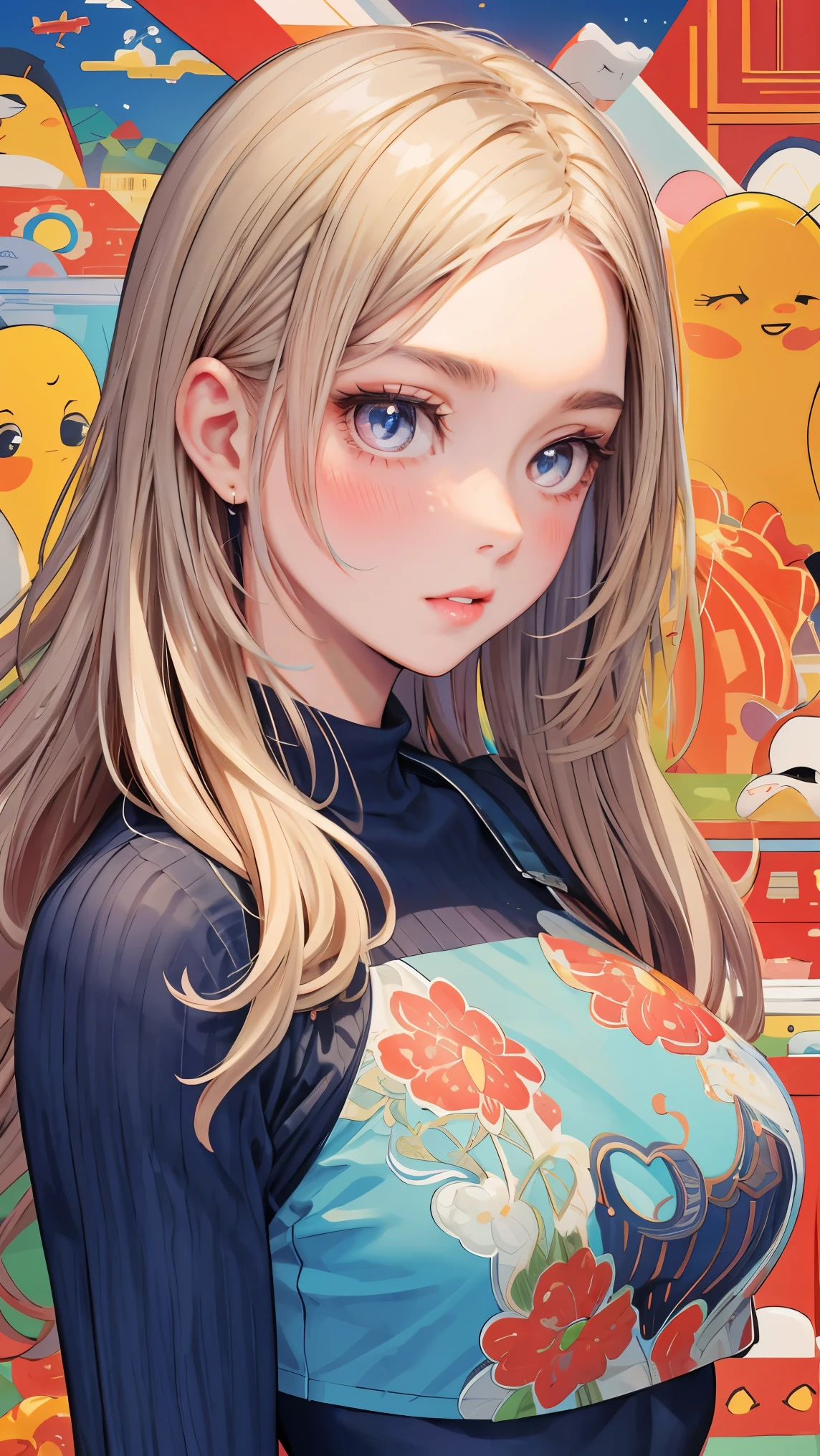 (masterpiece, best quality), beautiful woman, detailed printed cropped top, jeans, wavy hair, beautiful face, perfect face, big gorgeous eyes, parted lips, perfect slim fit body, seoul city garden, bright colors