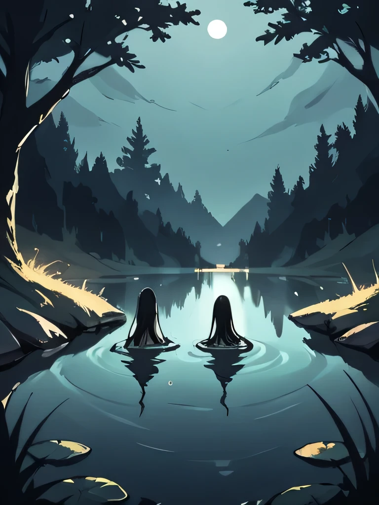 score_9, score_8_up, score_7_up, woman, posing, wet hair, standing in lake, submerged, soaking, lake, moonlight reflection, shadows, silhouette, night, moonlight