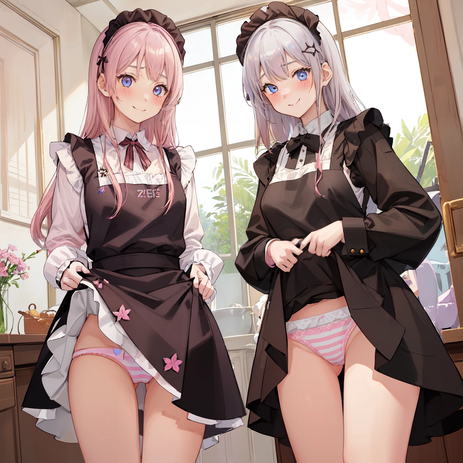 highest quality、masterpiece、((2 girls:1.5))、((smile:1.3))、(blush:1.3)、Black Shirt、blouse、((fun!!))、(Small breasts)、()、Blonde、(Long sleeve)、((White apron:1.5))、((Maid))、((hair ornaments)),、Kamimei、look at me、 ((in house:1.5))、 Taking a break from watching the audience、Cowboy Shot、(Skirt lift:1.3),(Highly detailed pink striped panties:1.3)、(Highly detailed panties:1.3)、、(スカート that rolls up:1.3)、(Panties fully exposed:1.5)、Light blue eyes、long hair、Glowing Eyes