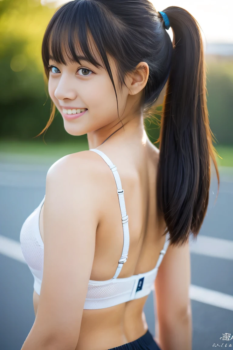 (The body is facing the viewer :1.2), (the body is facing the front), Lens 135mm f1.8, (highest quality),(RAW photo), slender bpdy, (Beautiful  Japanese girl), cute face, (deeply carved face:0.7), (freckles:0.6), ,dramatic , (japanese school (croptop) sport bra), (inside the school classroom), shy, low twintails, , (smile),, (sparkling eyes)、(full_body standing),((photo from the waist up)) ,