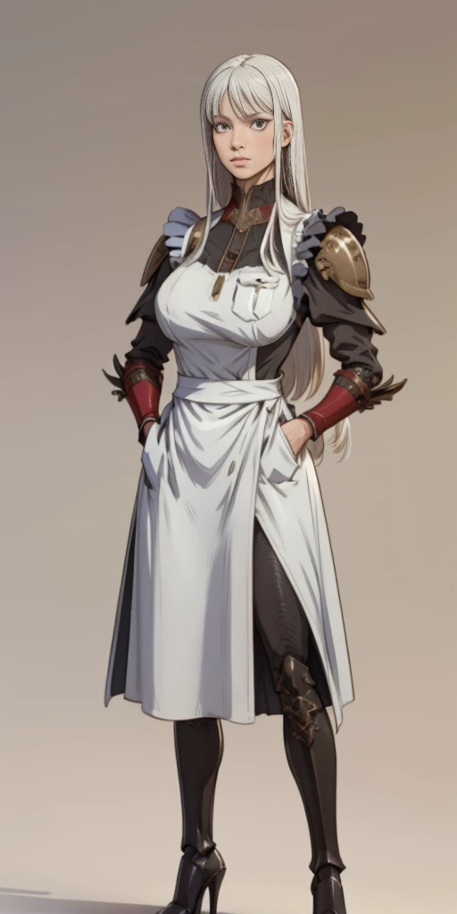 (Masterpiece, plain background:1.2) 1sologirl standing metal high heels, straight, long_hair, messy_hair, white_hair, maid with armor, hands inside pockets