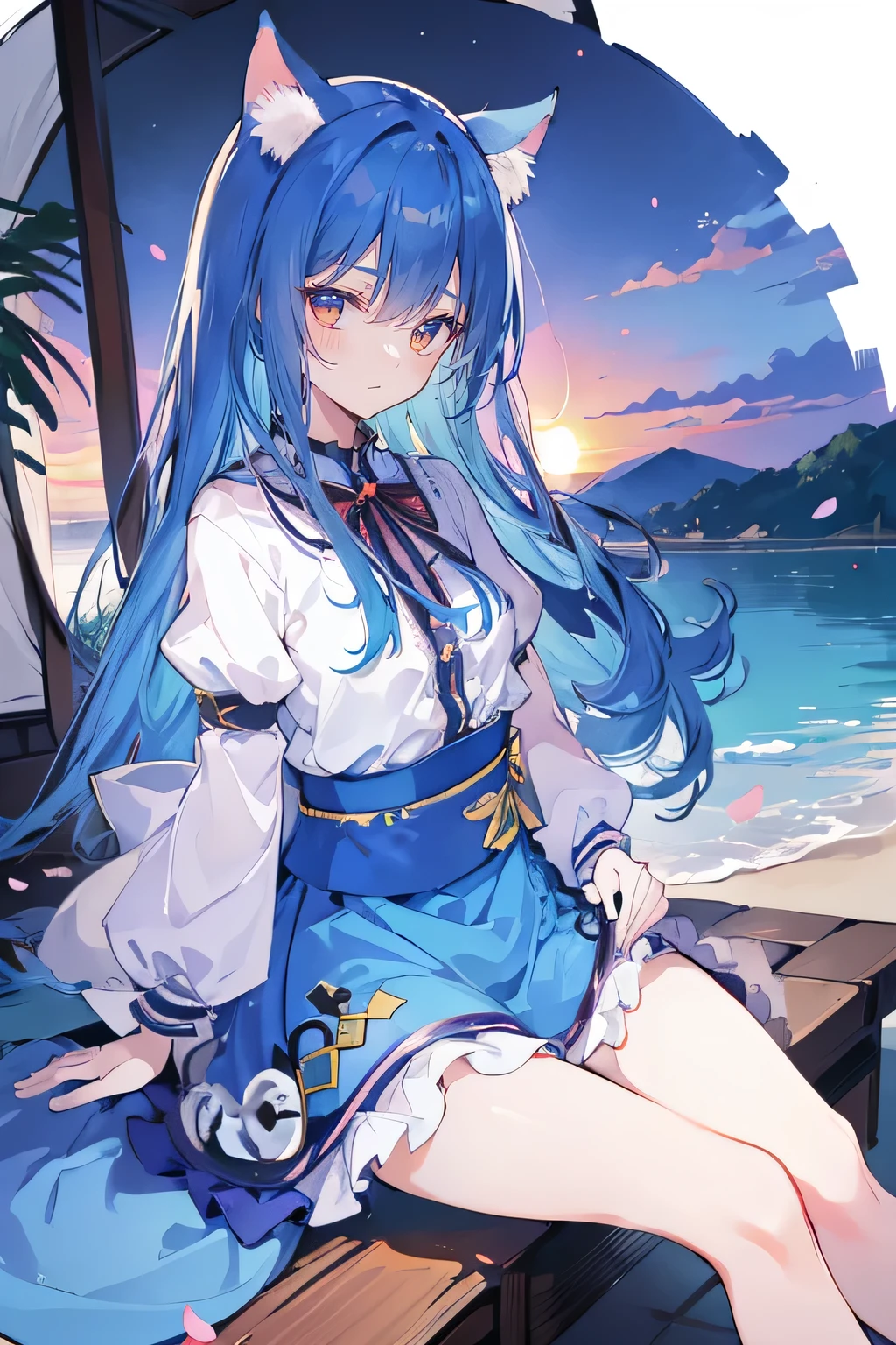 (masterpiece:1.2),Super detailed,Practical,expressive eyes,Fair skin,Perfect face shaping,1 Girl,
Japanese cartoons,Gorgeous blue hair, the long flowing blue hair,Floating clothes,Cat ears,Petals falling,beautiful lola,Young Angel,
Hands on waist,sit elegantly on the ground,Cross your legs,Gentle and peaceful background,Cool and cozy pavilion,Sunset,