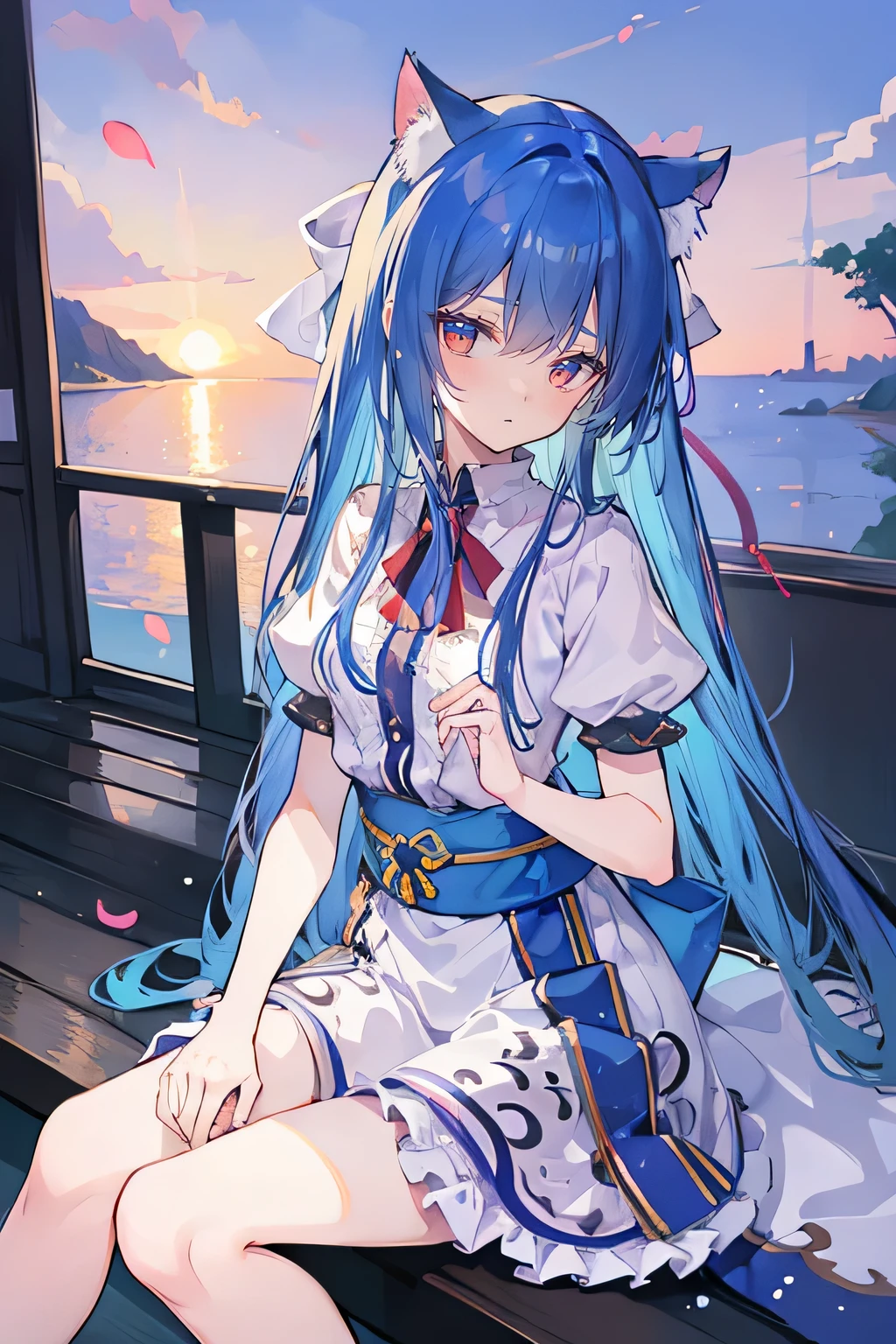 (masterpiece:1.2),Super detailed,Practical,expressive eyes,Fair skin,Perfect face shaping,1 Girl,
Japanese cartoons,Gorgeous blue hair, the long flowing blue hair,Floating clothes,Cat ears,Petals falling,beautiful lola,Young Angel,
Hands on waist,sit elegantly on the ground,Cross your legs,Gentle and peaceful background,Cool and cozy pavilion,Sunset,