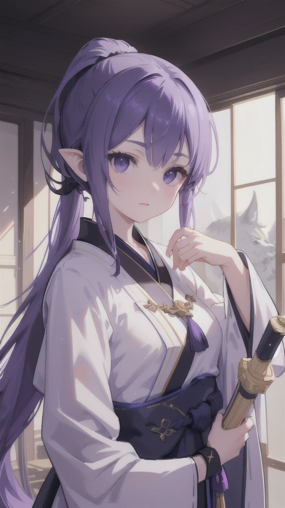 detailed fantasy portrait of a young girl with navy blue short ponytail, black eyes, wolf's ears, wearing purple hanfu armor, holding a longbow, cinematic lighting, dramatic atmosphere, concept art, digital painting, highly detailed, sharp focus, photorealistic, vibrant colors, dramatic lighting