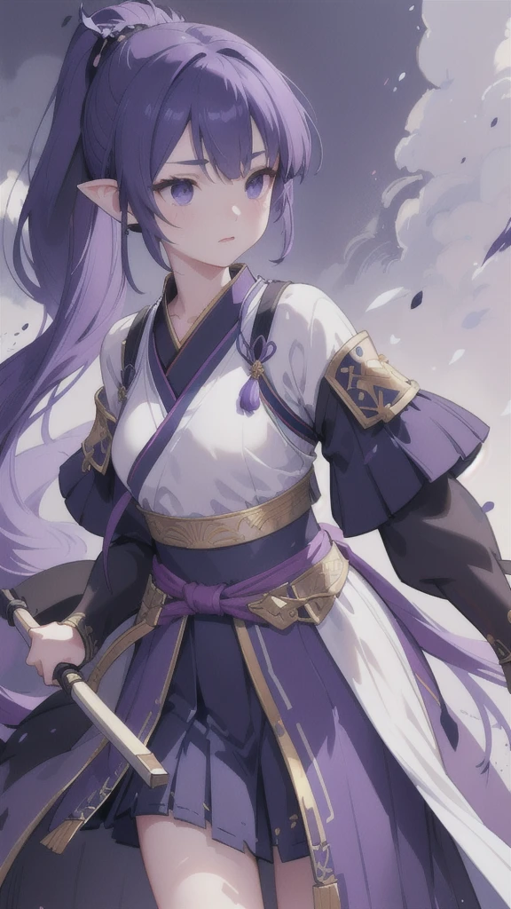 detailed fantasy portrait of a young girl with navy blue short ponytail, black eyes, wolf's ears, wearing purple hanfu armor, holding a longbow, cinematic lighting, dramatic atmosphere, concept art, digital painting, highly detailed, sharp focus, photorealistic, vibrant colors, dramatic lighting