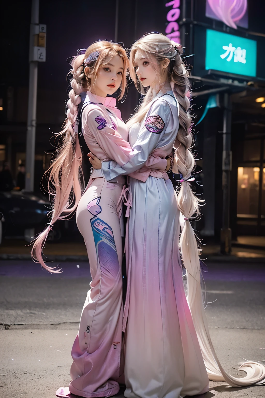 highest quality, Very detailed, masterpiece,hug,Two women hugging each other,(((Perfect female body))),Very beautiful face, Very beautiful body,Gentle expression, Very beautiful eyes,(Perfect Makeup:1.1),Fashion Model,Cyberpunk Fashion,Cinematic Light,Curly Hair,Shaggy Hair, (Drifting in the Wind,White and purple gradient long braids:1.5),very thin body,Smart Abs,(Monogram pattern:1.3), (((Various patterns,Pink and blue gradient,Racing Suits:1.3))),anklet,Tech High Top Sneakers,A kind smile,Full body portrait,(Night in Cyber City), (Shiny skin),(Earrings),Long scarf with elegant pattern,Neon long shawl,Digital Feather,LED Signs,