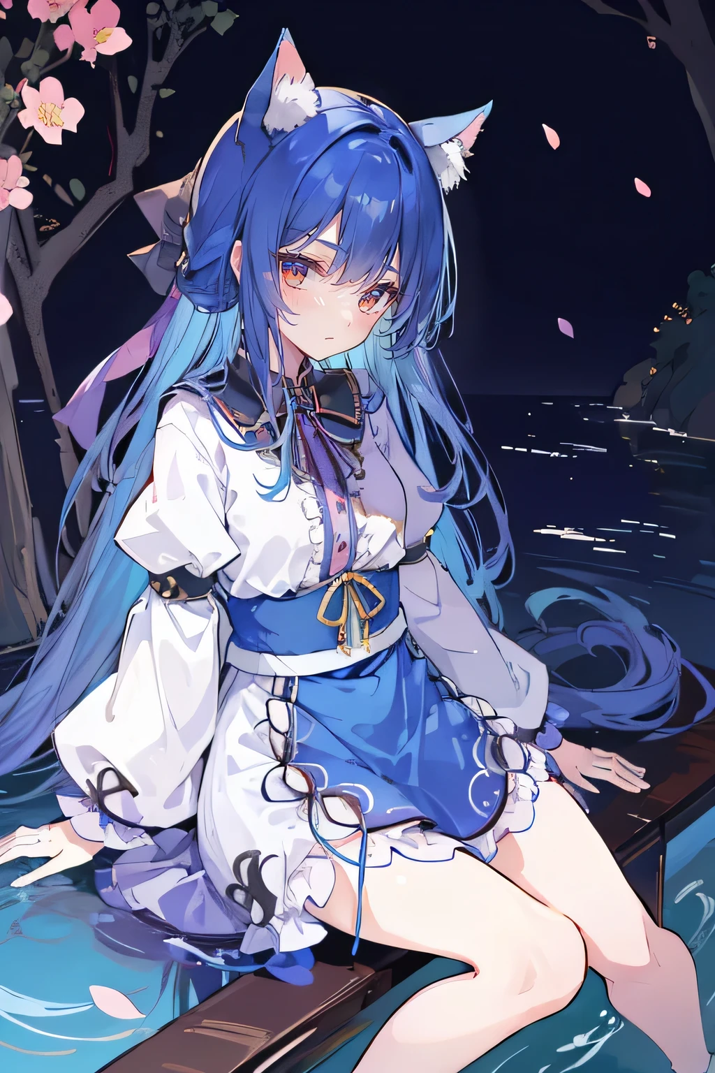 (masterpiece:1.2),Super detailed,Practical,expressive eyes,Fair skin,Perfect face shaping,1 Girl,
Japanese cartoons,Gorgeous blue hair, the long flowing blue hair,Floating clothes,Cat ears,Petals falling,beautiful lola,Young Angel,
Hands on waist,sit elegantly on the ground,Cross your legs,Gentle and peaceful background,Cool and cozy pavilion,Sunset,