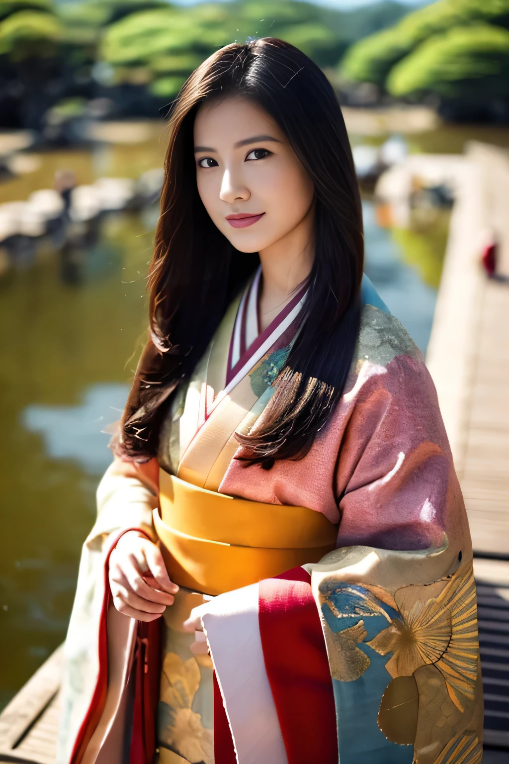 
((Tabletop:1.4, highest quality)), (Realistic photos:1.4), 
((1 girl)), (Beautiful actress), (dream-like),
(超High resolution:1.2), Very delicate and beautiful, wonderful, Very detailed CG Unity 8k wallpaper, Very detailed, High resolution, 
Soft Light, Beautiful detailed girl, Very detailedな目と顔, Beautiful and exquisite nose, Beautiful and exquisite, 
(Impressionist portraits of beautiful women), juunihitoe, multilayered traditional kimono, (Twelve-layered kimono), (Straight black hair), (Tie back long hair:1.4),
Cinema Lighting, Perfect Anatomy, Slender body, (full body), Looking at the camera, Old-fashioned smile,
(Kyoto Imperial Palace:1.3), (Daytime), (Impressionist painting-like light and color)