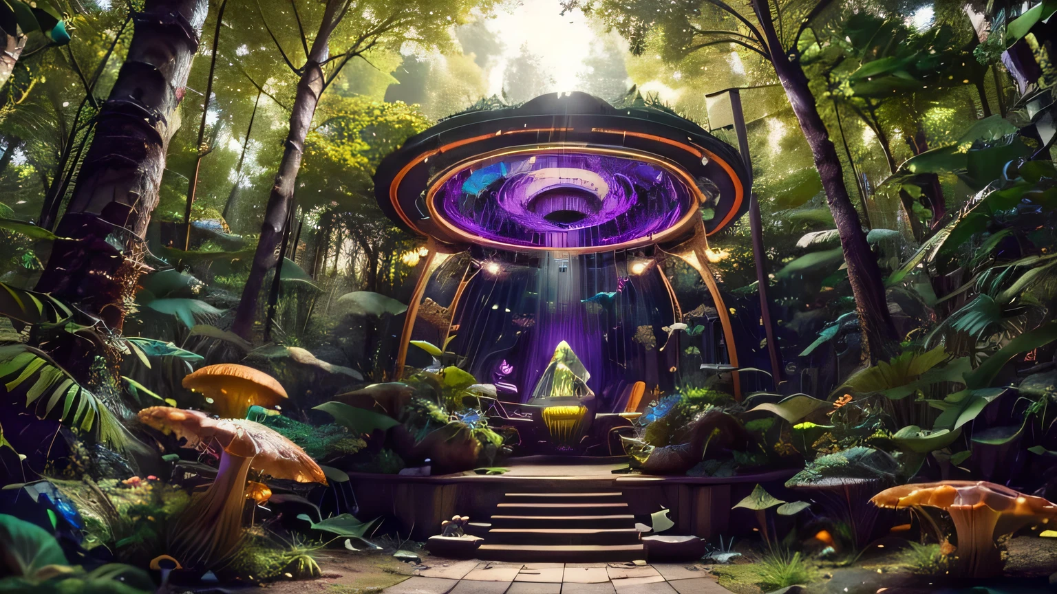 (Masterpiece), best quality, highest quality, highly detailed CG unity 8k wallpaper, original, high resolution, Create a futuristic music laboratory with high tech instruments in a forest. Huge Waterfall reflections of the orange sunset, with large jellyfish and mushrooms, colored neon green purple yellow red teal. With inca statues made of Gold, Inca. Skys are purple, green, orange neon hues, fluorescent colors all around. Cyberpunk high definition. A forest filled with all color plant life, insects.