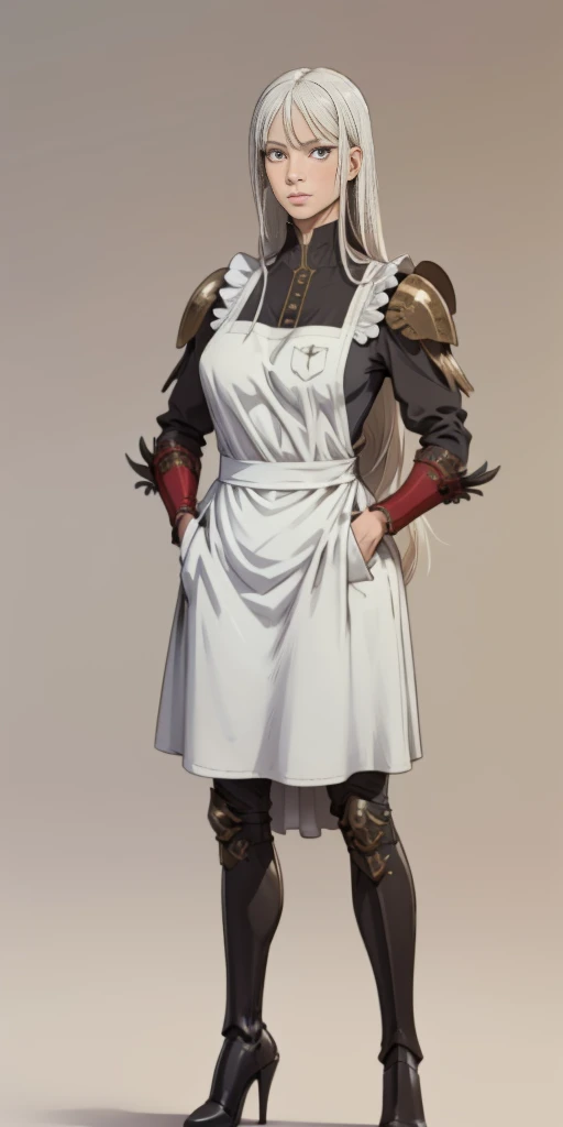 (Masterpiece, plain background:1.2) 1sologirl standing metal high heels, straight, long_hair, messy_hair, white_hair, maid with armor, hands inside pockets, white apron with pocked