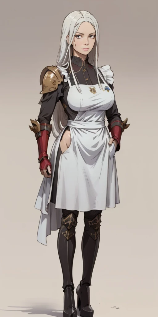 (Masterpiece, plain background:1.2) 1sologirl standing metal high heels, straight, long_hair, messy_hair, white_hair, maid with armor, hands inside pockets, white apron with pocked