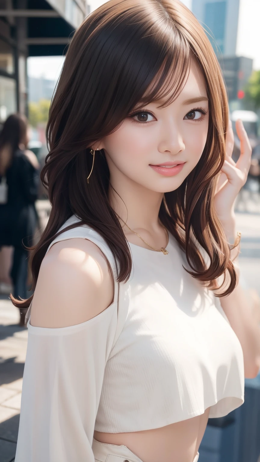 Realistic、Realistic、highest quality、Natural Lip、Fair skin、Great light、Beautiful lighting、Parted bangs、Off the shoulder、Large Breastsの谷間、Large Breasts、White crop top、mini skirt、Gorgeous Accessories、Harajuku、smile、かわいいsmile、Crowds in the city