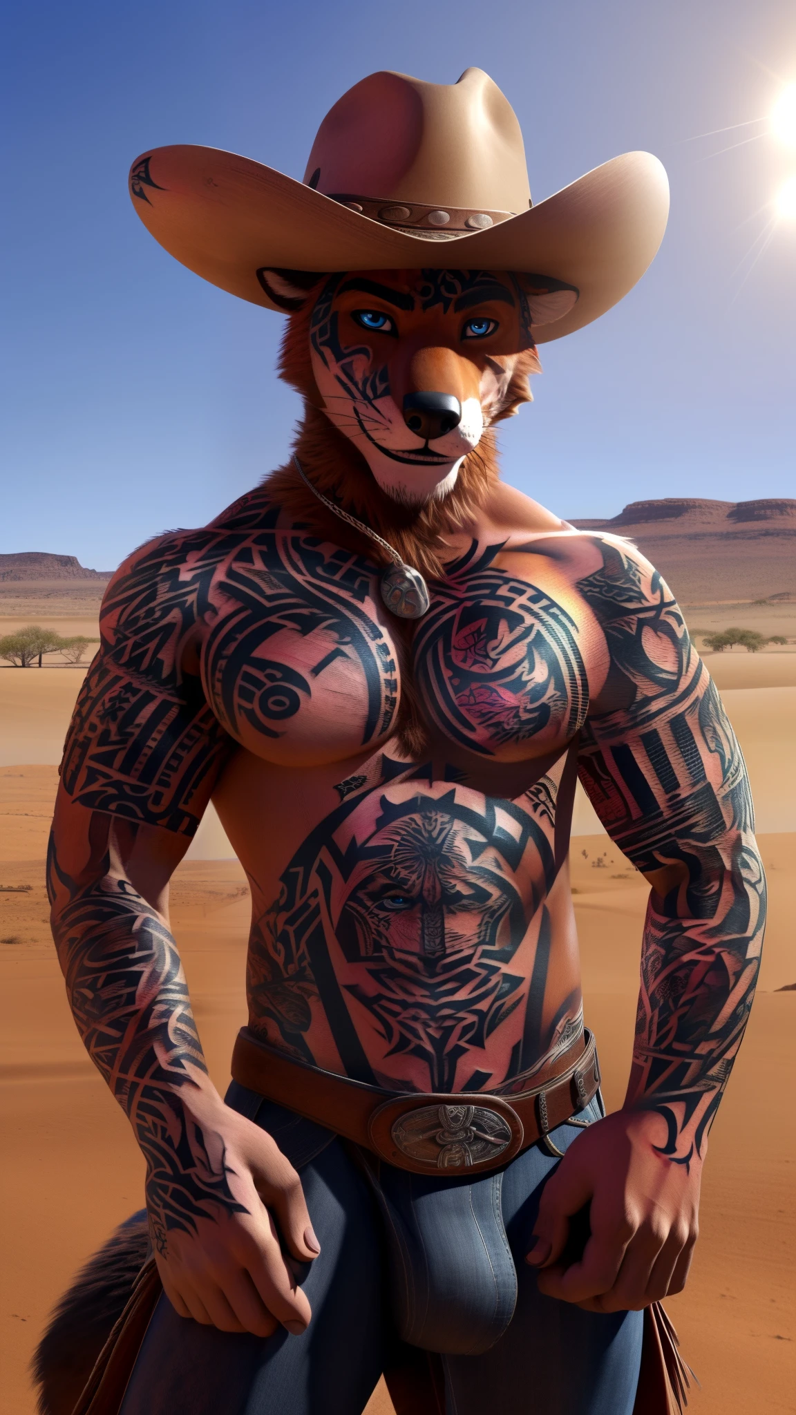 sexy and beautiful bad guy fursuit fox male muscular, (20 years American), (sensual cowboy outfit), (wild west background), (looking at the viewer seductive smile), (daddy), (blue eyes), (prefect sexy face), (sexy abdomen), (tattoos:1.9), (horny), (alone taking care of the herd), (outdoors and posing for camera), (no shirt), (hot and perfect chest),