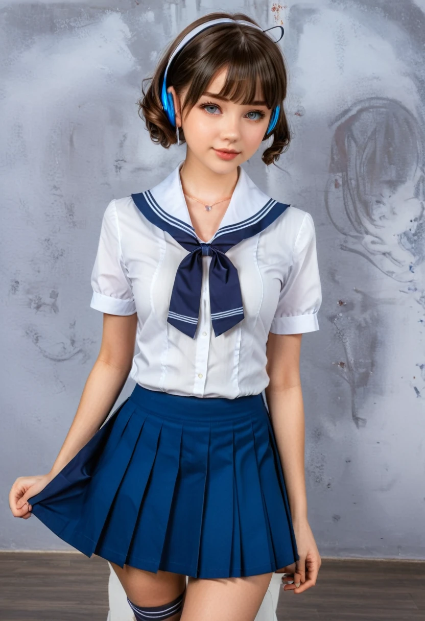 Girl with Cat,headphones,short hair,school uniform,blue skirt,neckerchief,short sleeves,white shirt,blue sailor collar,pleated skirt, (masterpiece, best quality, Professional, perfect composition, very aesthetic, absurdres, ultra-detailed, intricate details:1.3)