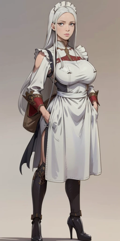 (Masterpiece, plain background:1.2) 1sologirl standing metal high heels, straight, long messy white hair, maid armor outfit, hands inside pockets, white apron with pockets
