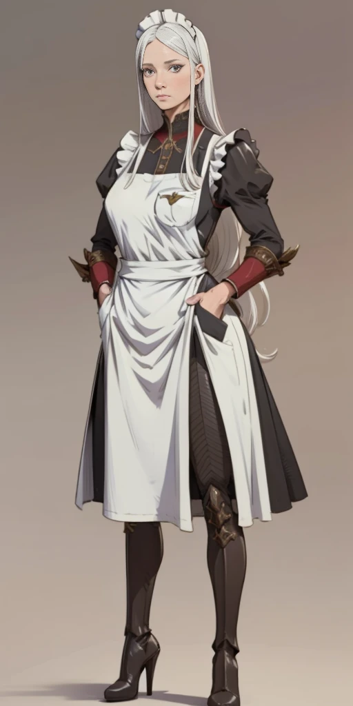 (Masterpiece, plain background:1.2) 1sologirl standing metal high heels, straight, long messy white hair, maid armor outfit, hands inside pockets, white apron with pockets