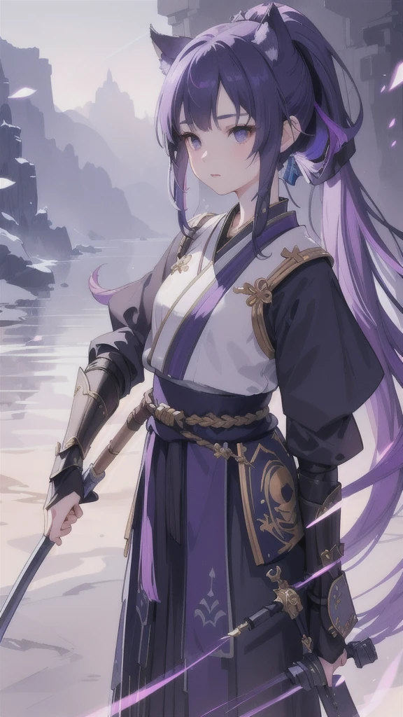 detailed fantasy portrait of a young girl with navy blue short ponytail, black eyes, wolf's ears, wearing purple hanfu armor, holding a longbow, cinematic lighting, dramatic atmosphere, concept art, digital painting, highly detailed, sharp focus, photorealistic, vibrant colors, dramatic lighting