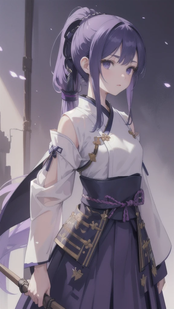detailed fantasy portrait of a young girl with navy blue short ponytail, black eyes, wolf's ears, wearing purple hanfu armor, holding a longbow, cinematic lighting, dramatic atmosphere, concept art, digital painting, highly detailed, sharp focus, photorealistic, vibrant colors, dramatic lighting