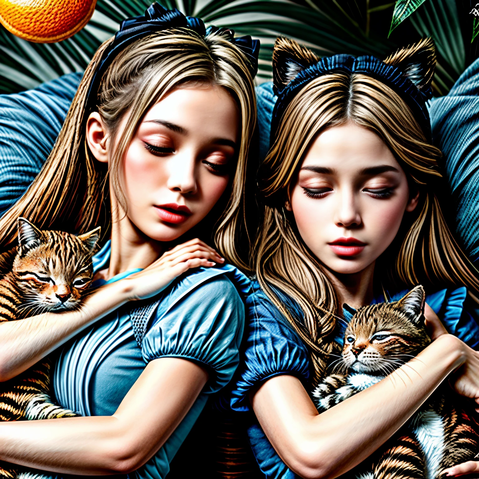 Fantasy、Alice in Wonderland、Illustration of a girl and orange tabby、(A girl sleeping while leaning against an orange tabby:1.5)、Forest Background、Beautiful detailed eyes、Beautiful detailed lips、Highly detailed faces and features、Long eyelashes、Cinematic lighting、Dramatic lighting、Bright colors、Fantasy、Surreal、dream-like、(highest quality、4k、8k、High Resolution、masterpiece:1.2)、Super detailed、(Real、Photorealistic、Photorealistic:1.37)、celestecat