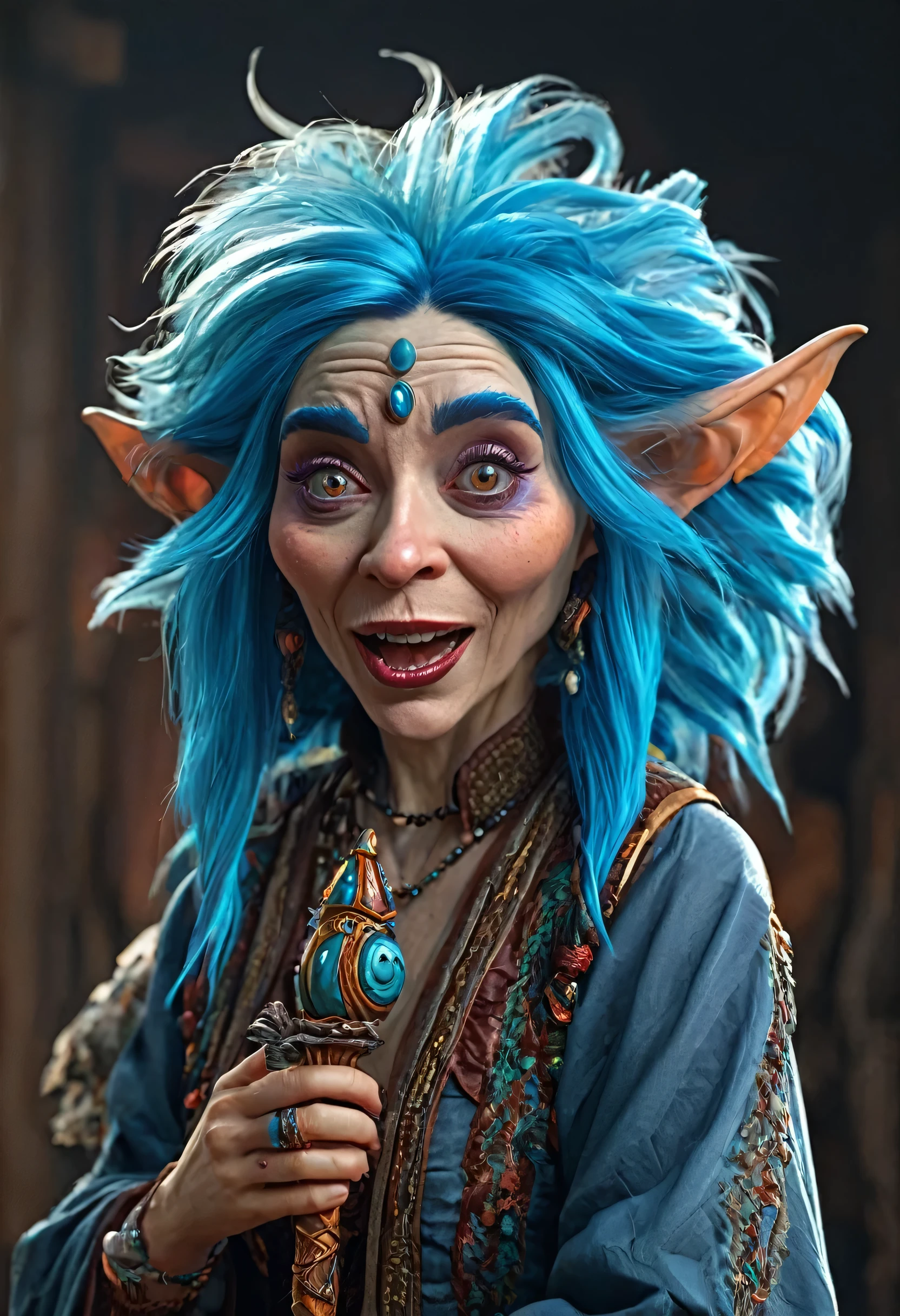 a 40 years old woman with blue hair and an ornate clothing, in the style of dynamic and exaggerated facial expressions, zbrush, punctuated caricature, clowncore, miniaturecore, grotesque, 8k, photo, digital art, fantasy, the dark crystal movie style::, a 3d animated 40 years old woman holding a wand, in the style of bold and expressive portraits, grotesque characters, sketchfab, devilcore, caricature faces, hyperrealistic murals, grandeur of scale, photo, digital art, fantasy, the dark crystal movie style:: --v 5.2