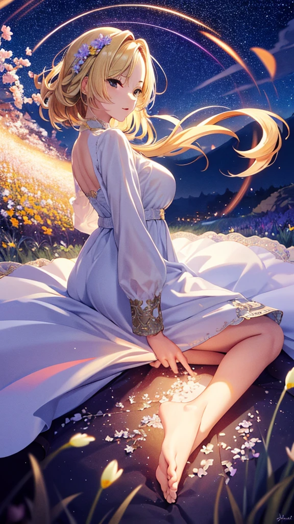 masterpiece, high quality, 4K, Beautiful design, silhouette，blonde， 非常に詳細な夜のStarry Sky,Colorful flower fields，Flying petals， wonderful, Finer details,  Very knowledgeable woman, Highly detailed solo, 1 female,Big Breasts， Pure white dress，Night view，Starry Sky，