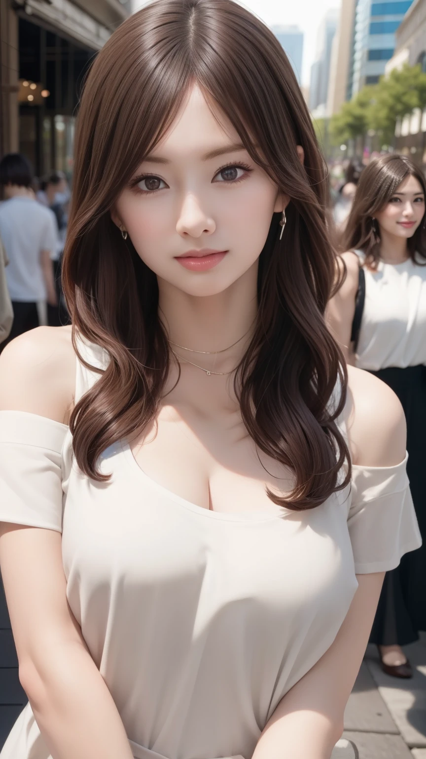 Realistic、Realistic、highest quality、Natural Lip、Fair skin、Great light、Beautiful lighting、Parted bangs、Off the shoulder、Large Breastsの谷間、Large Breasts、White camisole、mini skirt、Gorgeous Accessories、Harajuku、smile、かわいいsmile、Crowds in the city